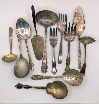 12pc Ornate Antique Silver Plate Serving Flatware /b