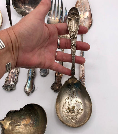 12pc Ornate Antique Silver Plate Serving Flatware /b