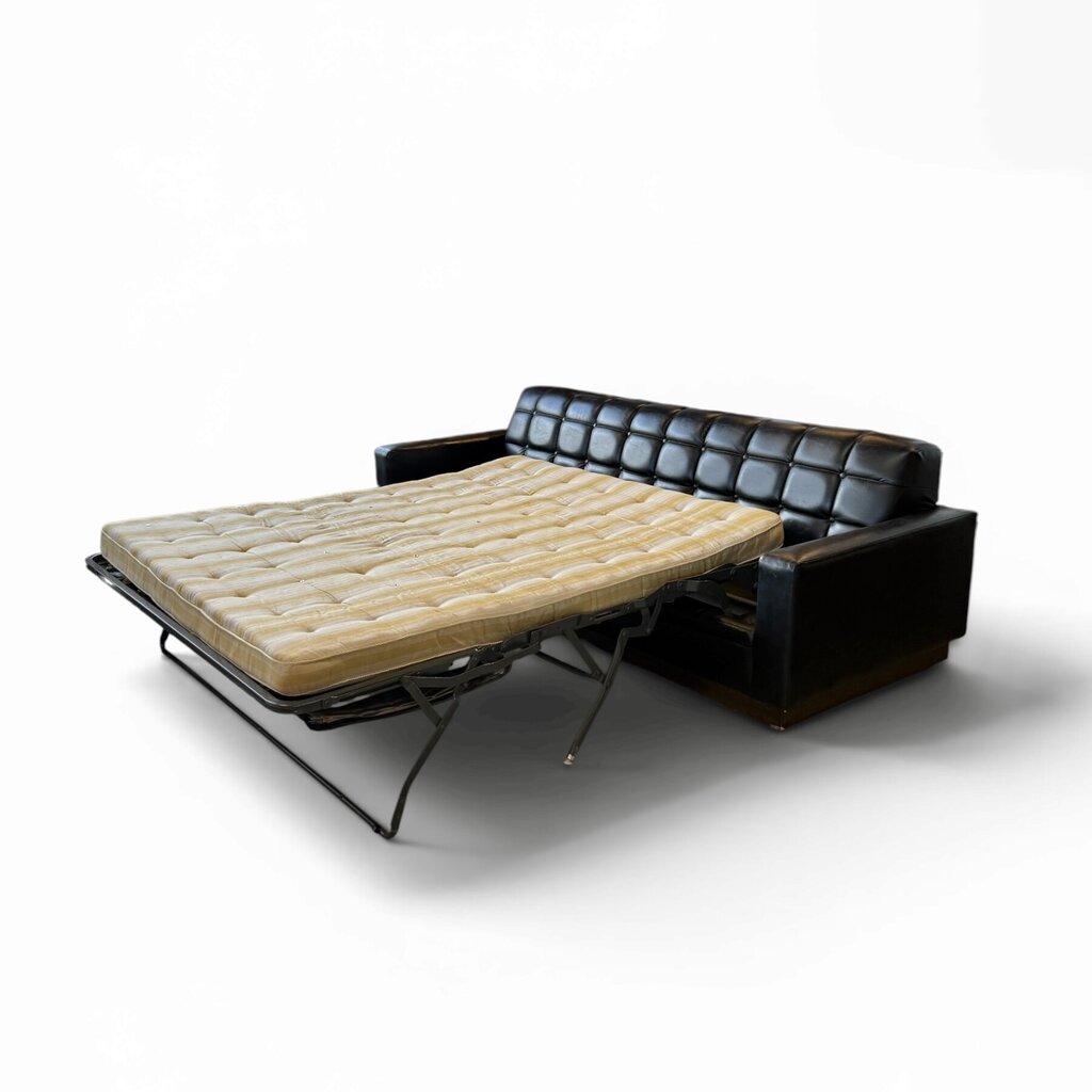 Black Leather Tufted Pull-Out Couch (HAS DAMAGE)