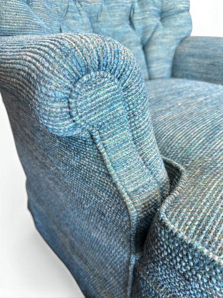 Blue Tweed Tufted Upholstered Swivel Armchair