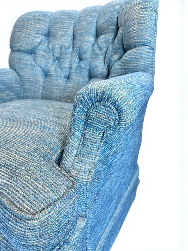 Blue Tweed Tufted Upholstered Swivel Armchair