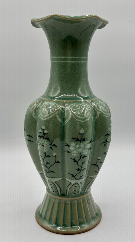Korean Celadon Melon Shaped Vase 10” Signed /j