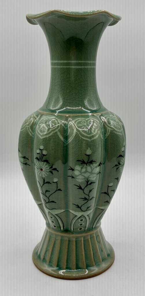 Korean Celadon Melon Shaped Vase 10” Signed /j