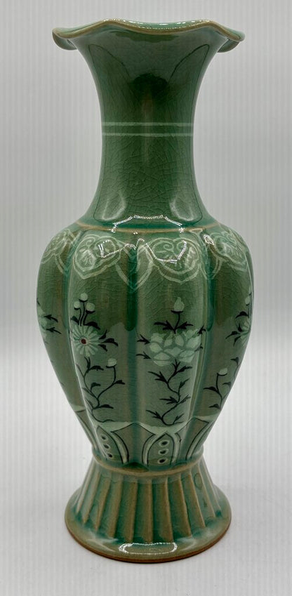 Korean Celadon Melon Shaped Vase 10” Signed /j