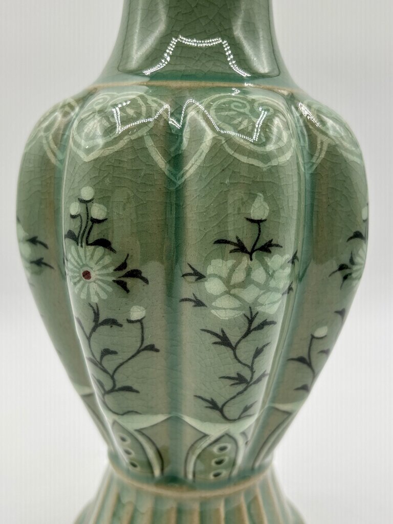 Korean Celadon Melon Shaped Vase 10” Signed /j