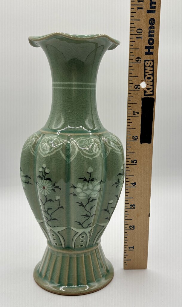 Korean Celadon Melon Shaped Vase 10” Signed /j