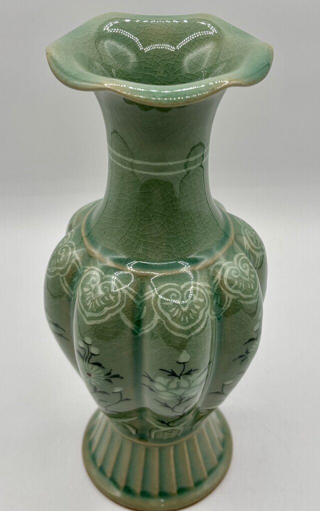 Korean Celadon Melon Shaped Vase 10” Signed /j