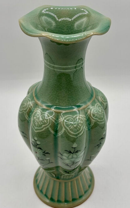 Korean Celadon Melon Shaped Vase 10” Signed /j