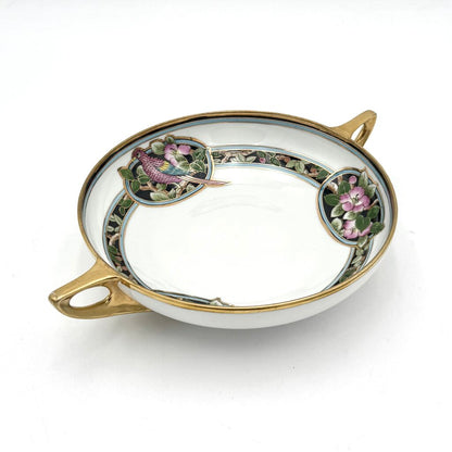 Antique Nippon Parrot and Floral Art Nouveau Bowl With Gold Luster Accents