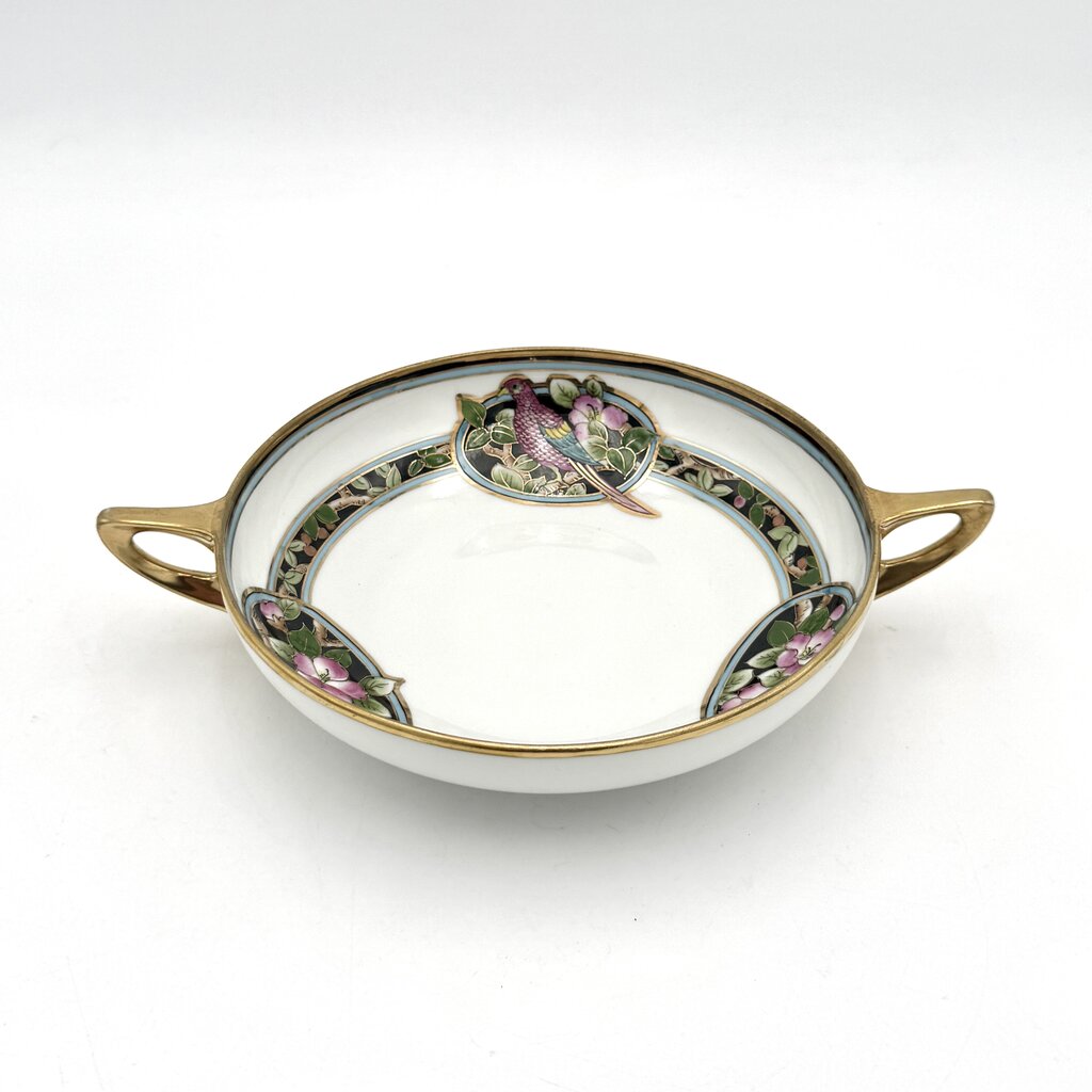 Antique Nippon Parrot and Floral Art Nouveau Bowl With Gold Luster Accents