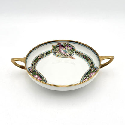 Antique Nippon Parrot and Floral Art Nouveau Bowl With Gold Luster Accents