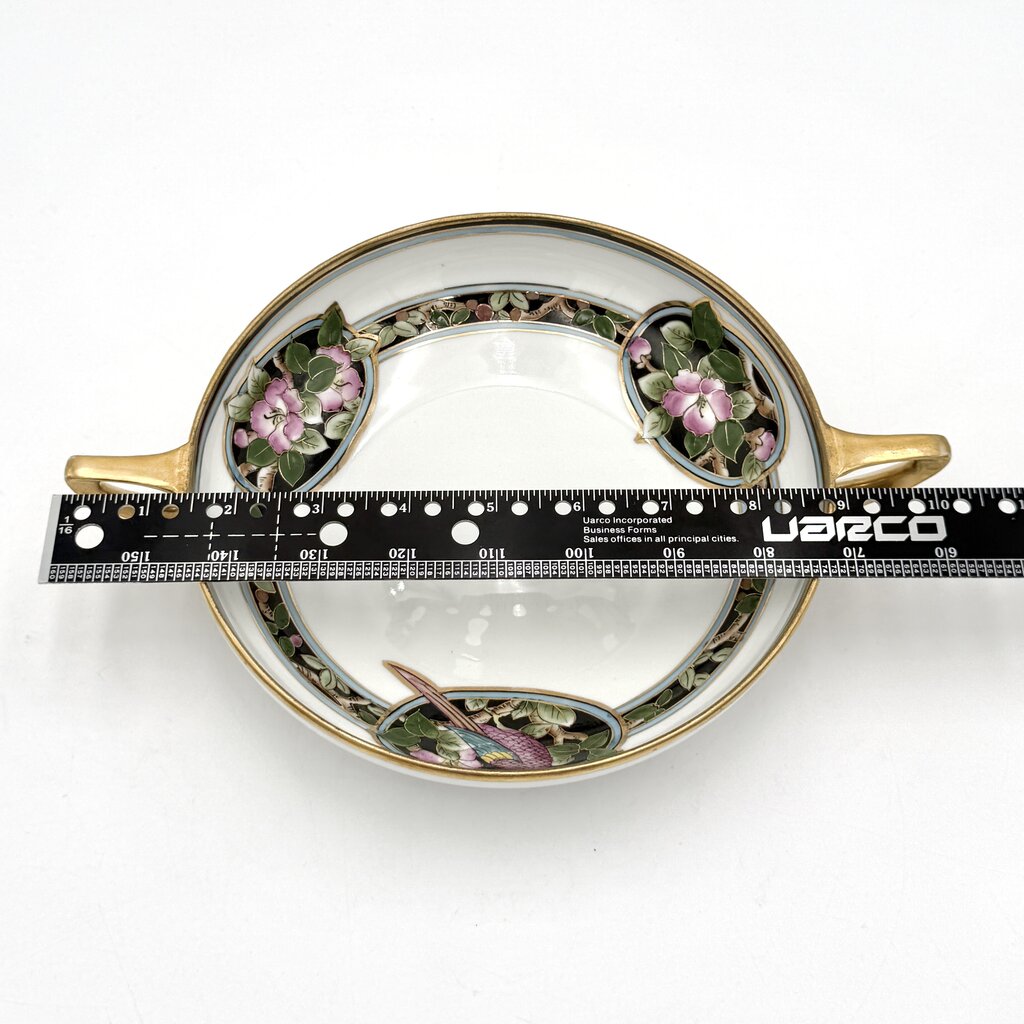 Antique Nippon Parrot and Floral Art Nouveau Bowl With Gold Luster Accents