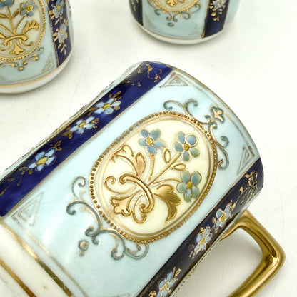 VTG Nippon Blue And Gold Floral Tea Pot With 4 Tea Cups