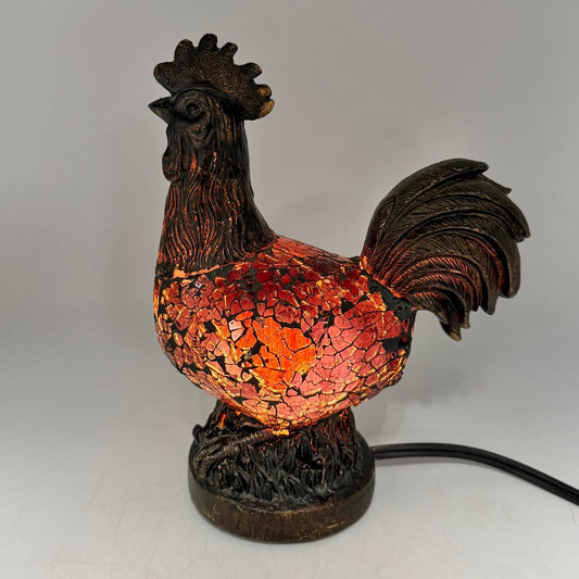 Vintage 8” Bronze Tone Rooster Accent Lamp/Nightlight Amber Mosaic Glass Works /cb