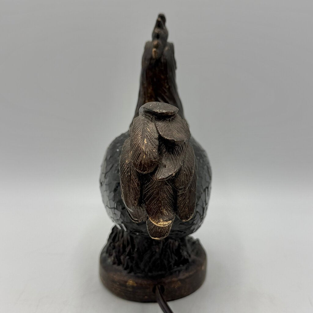 Vintage 8” Bronze Tone Rooster Accent Lamp/Nightlight Amber Mosaic Glass Works /cb
