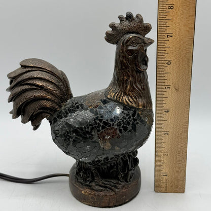 Vintage 8” Bronze Tone Rooster Accent Lamp/Nightlight Amber Mosaic Glass Works /cb