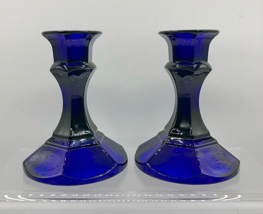 Vtg Pair Cobalt Blue Glass Candlesticks /b