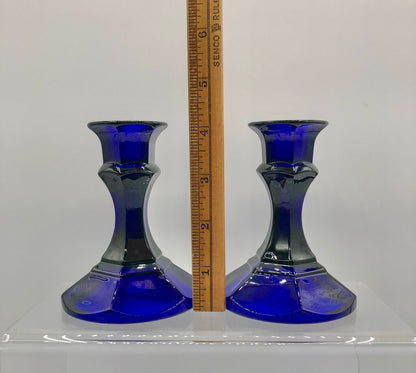 Vtg Pair Cobalt Blue Glass Candlesticks /b