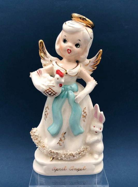Vtg Knobler April Birthday Angel w/ Bunny, Basket & Hen /b