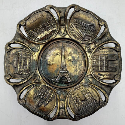 Vintage Mid Century Paris France Brass Heavy Souvenir Wall Plate/Ashtray Eiffel Tower Landmarks /cb