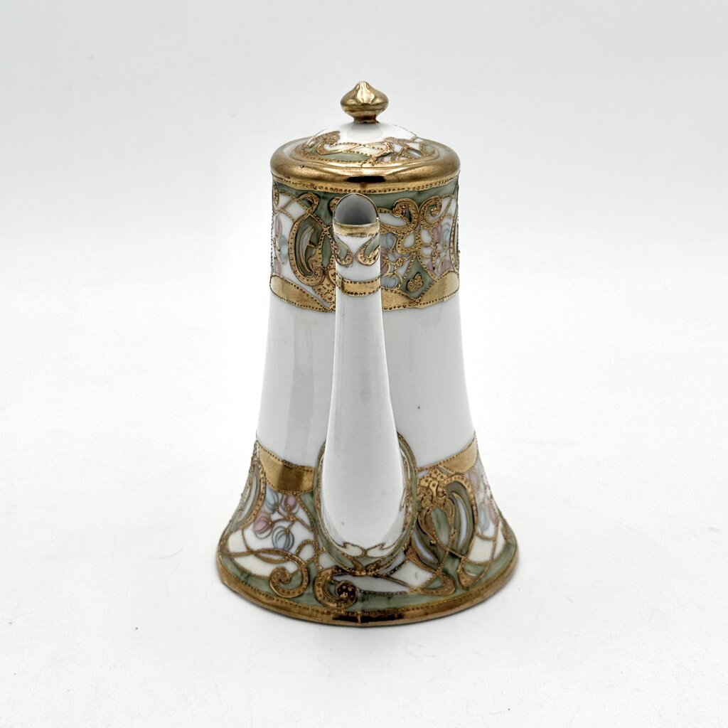 Antique Nippon 9 Pc Green and Gold Floral Chocolate Pot Tea Set