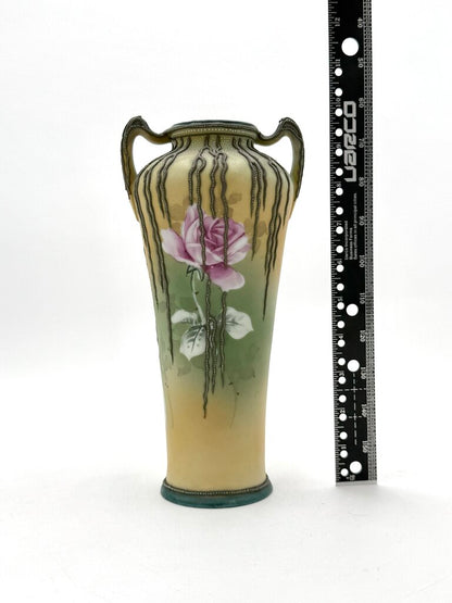 Antique Hand Painted Nippon Art Nouveau Style Willow Vine Moriage Vase
