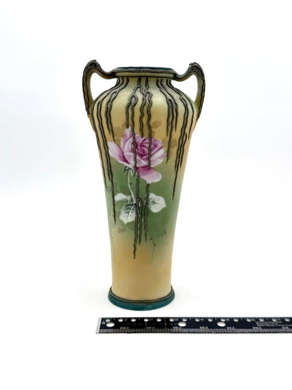 Antique Hand Painted Nippon Art Nouveau Style Willow Vine Moriage Vase