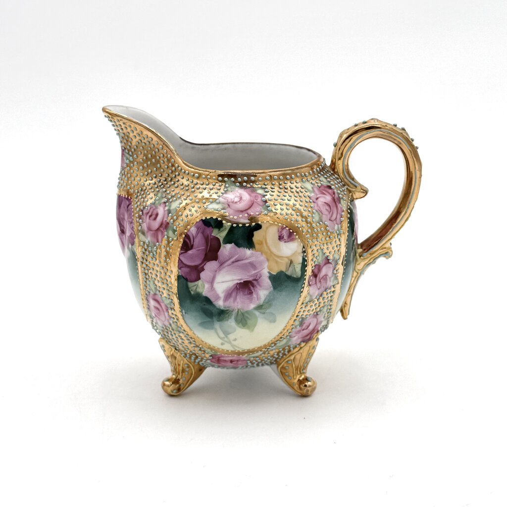 Antique Royal Kinran Nippon Painted Roses & Gold Enameled Creamer And Sugar Urn