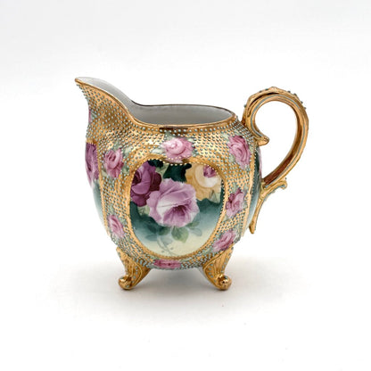 Antique Royal Kinran Nippon Painted Roses & Gold Enameled Creamer And Sugar Urn