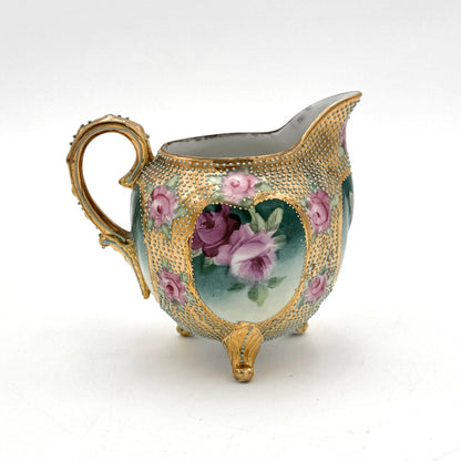 Antique Royal Kinran Nippon Painted Roses & Gold Enameled Creamer And Sugar Urn