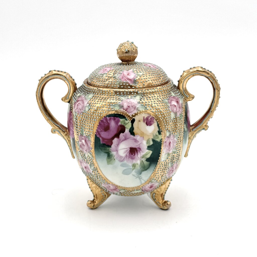 Antique Royal Kinran Nippon Painted Roses & Gold Enameled Creamer And Sugar Urn