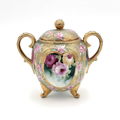 Antique Royal Kinran Nippon Painted Roses & Gold Enameled Creamer And Sugar Urn
