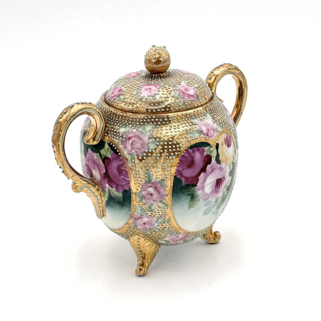 Antique Royal Kinran Nippon Painted Roses & Gold Enameled Creamer And Sugar Urn