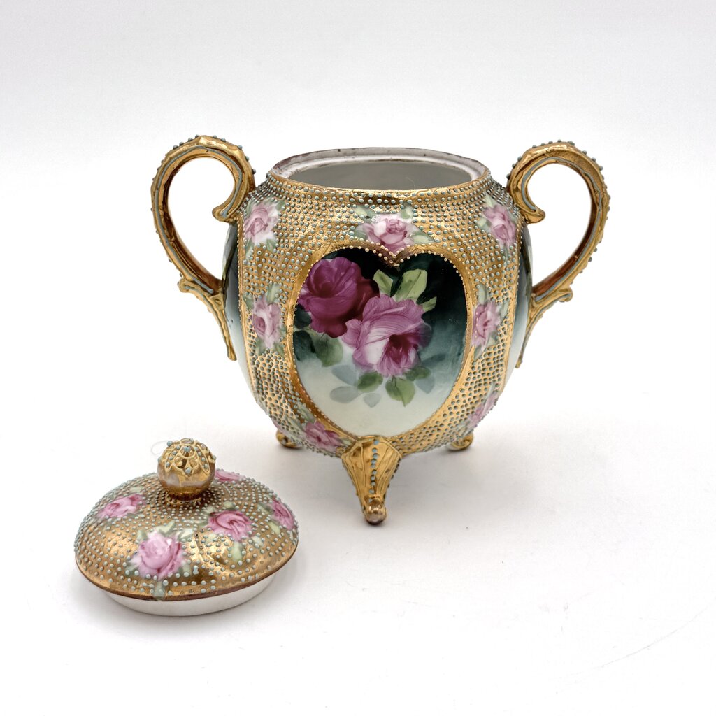 Antique Royal Kinran Nippon Painted Roses & Gold Enameled Creamer And Sugar Urn