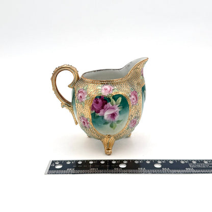 Antique Royal Kinran Nippon Painted Roses & Gold Enameled Creamer And Sugar Urn