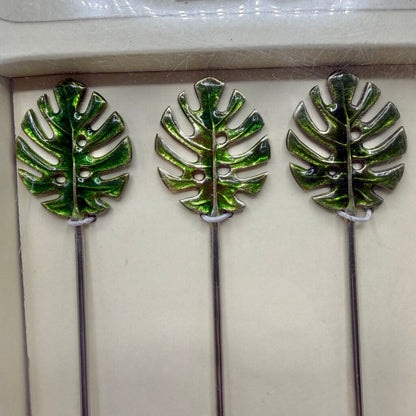 Set of 6 Pottery Barn Green Palm Leaf Stirrers Cocktails Summer Vacation Party Drinks NIB /cb