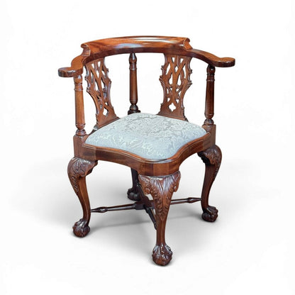 Mahogany Chippendale Style Handcarved Corner Chair With Ball and Claw Feet