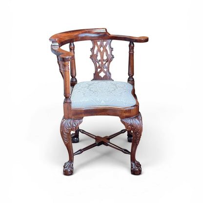 Mahogany Chippendale Style Handcarved Corner Chair With Ball and Claw Feet
