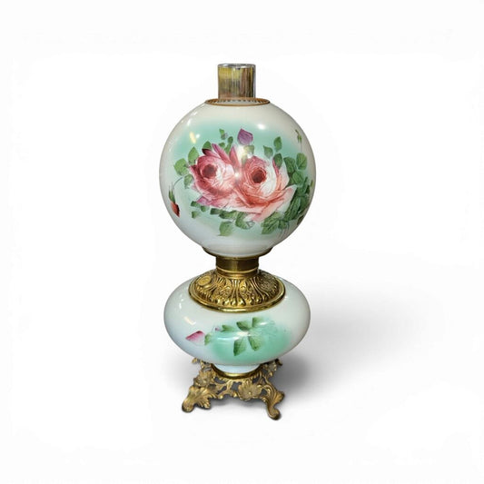 Antique Pink Floral Milk Glass Parlor Oil Lamp (AS IS)