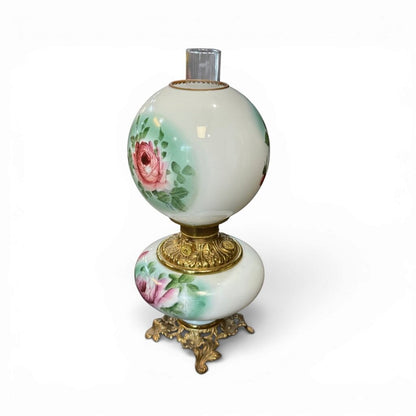 Antique Pink Floral Milk Glass Parlor Oil Lamp (AS IS)