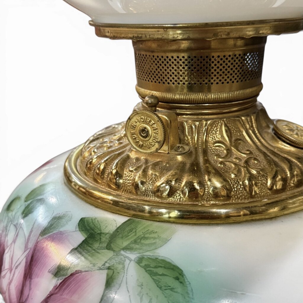 Antique Pink Floral Milk Glass Parlor Oil Lamp (AS IS)