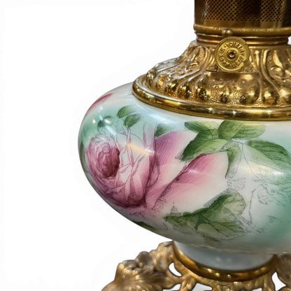 Antique Pink Floral Milk Glass Parlor Oil Lamp (AS IS)