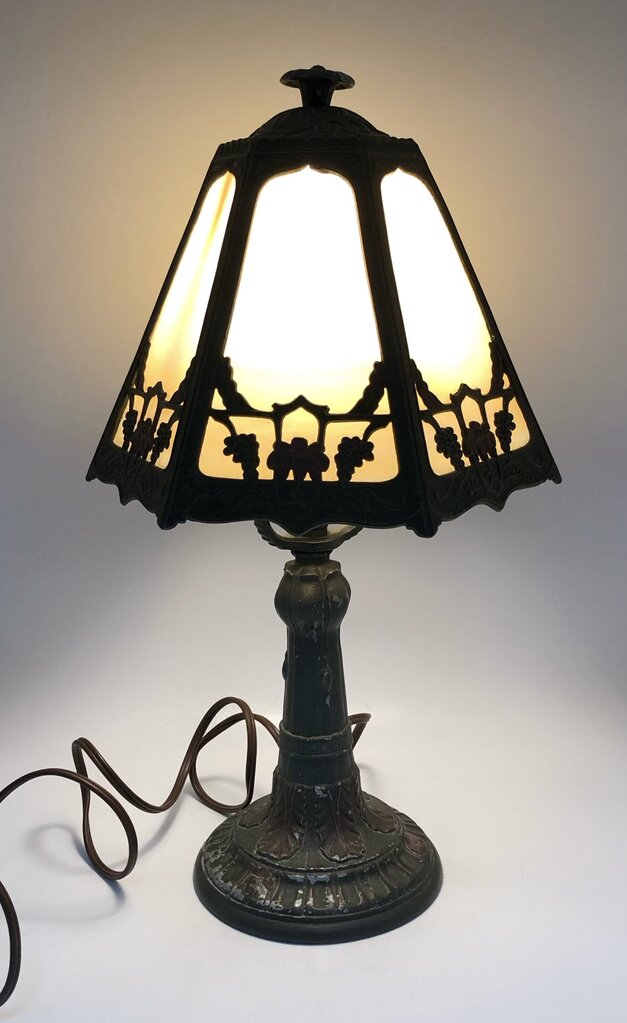 1920s Slag Glass Panel & Spelter Metal Lamp /b