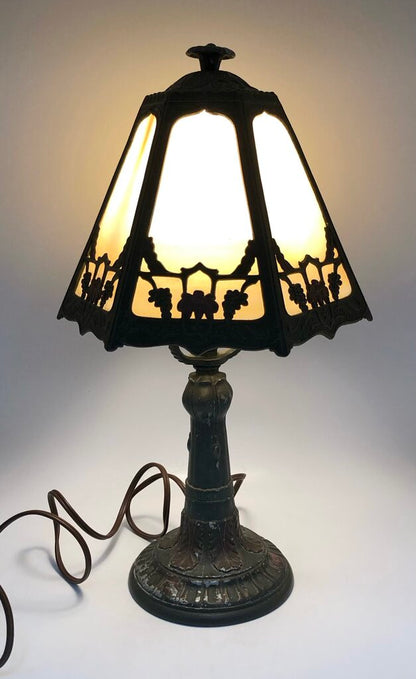 1920s Slag Glass Panel & Spelter Metal Lamp /b