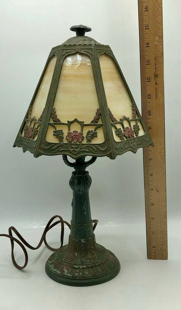 1920s Slag Glass Panel & Spelter Metal Lamp /b
