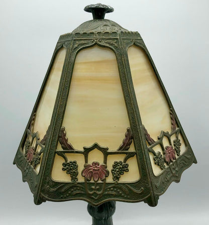 1920s Slag Glass Panel & Spelter Metal Lamp /b