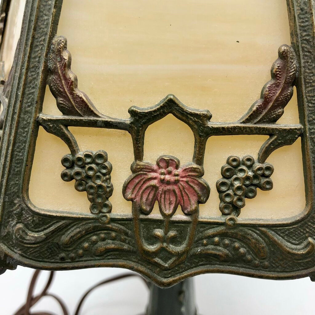 1920s Slag Glass Panel & Spelter Metal Lamp /b