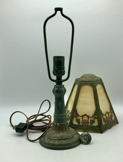 1920s Slag Glass Panel & Spelter Metal Lamp /b