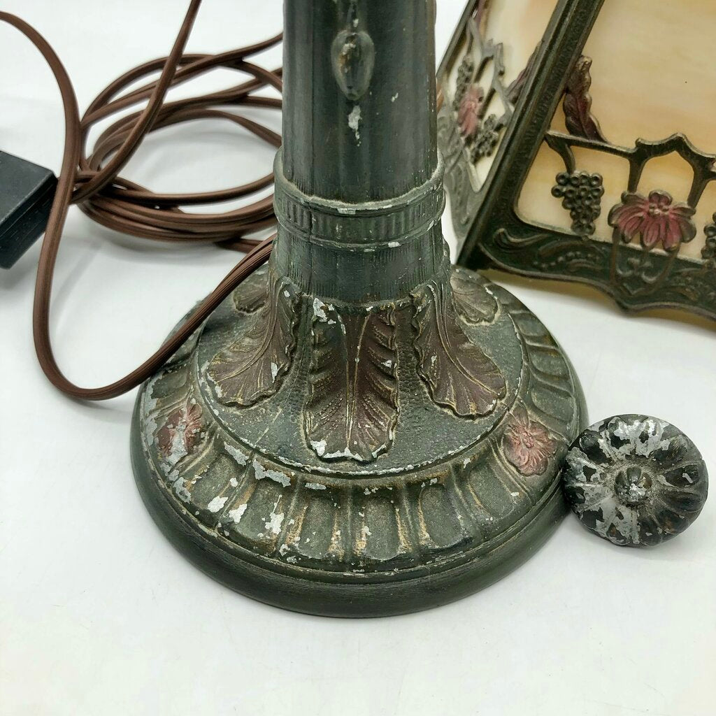 1920s Slag Glass Panel & Spelter Metal Lamp /b