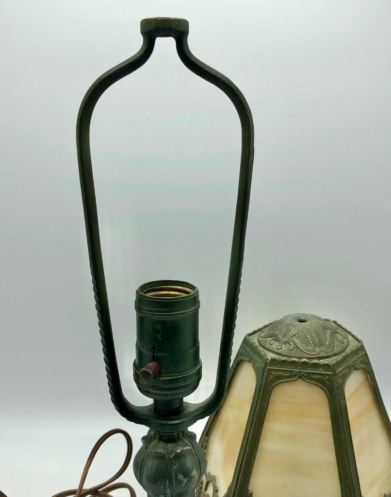 1920s Slag Glass Panel & Spelter Metal Lamp /b